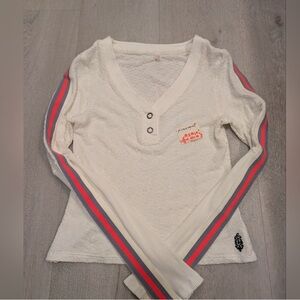 Women's Cream Long Sleeve Top with Striped Sleeves